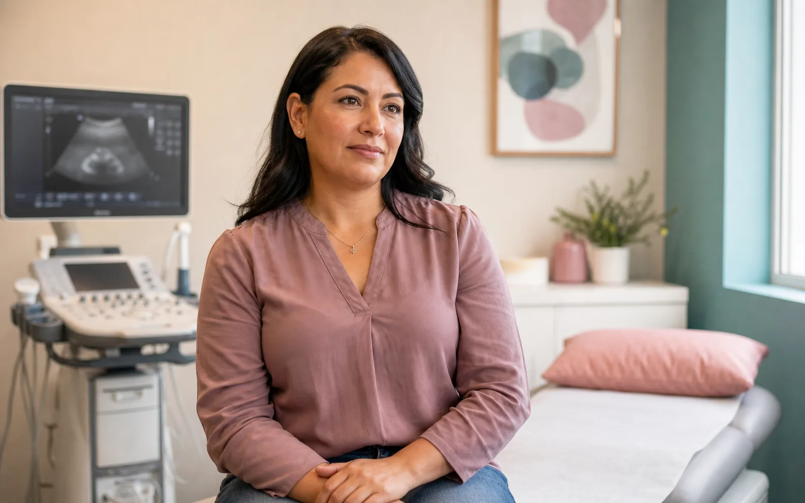 Mujer en un consultorio de ultrasonido